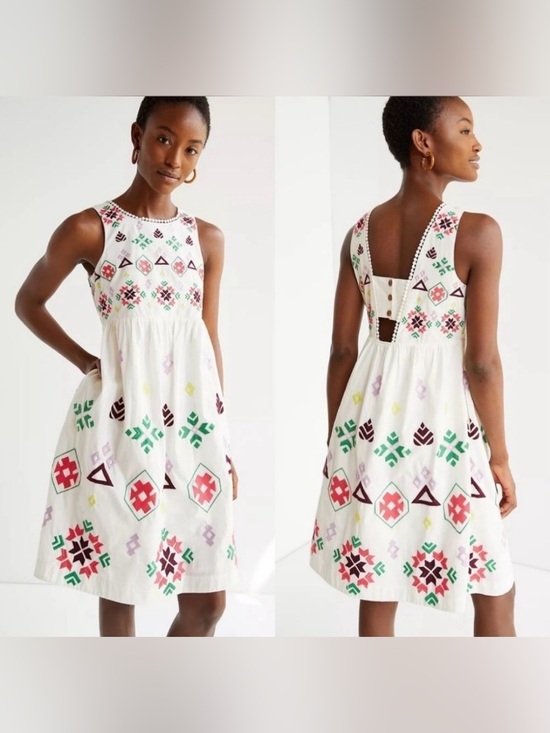 Anthropologie Dresses & Skirts - Anthropologie Dolly Geometric Embroidered Cotton Mini Sun Dress Back Button L